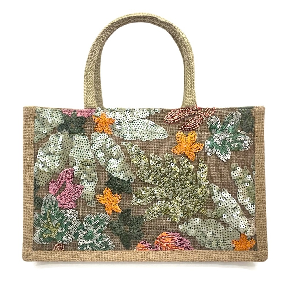 Jute Burlap Sequin Embroidered Tote Bag NWOT